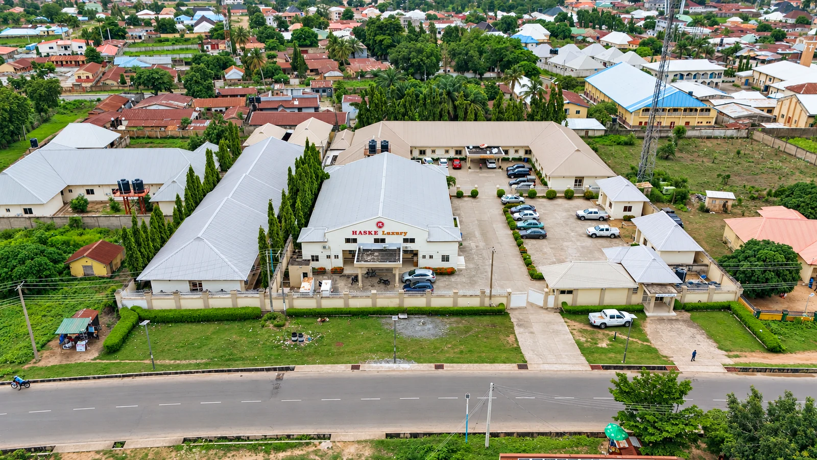 Aerial view of HASKE Hotel Luxury and its landscaped grounds in Minna